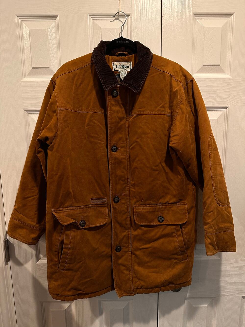 L.L. Bean Men's Canvas Field Coat Jacket Brown Corduroy Collar PrimaLoft Medium